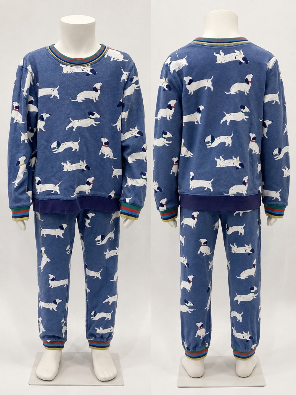 Mini Boden Blue Dachshund-Print Pajama Set with Rainbow Trim